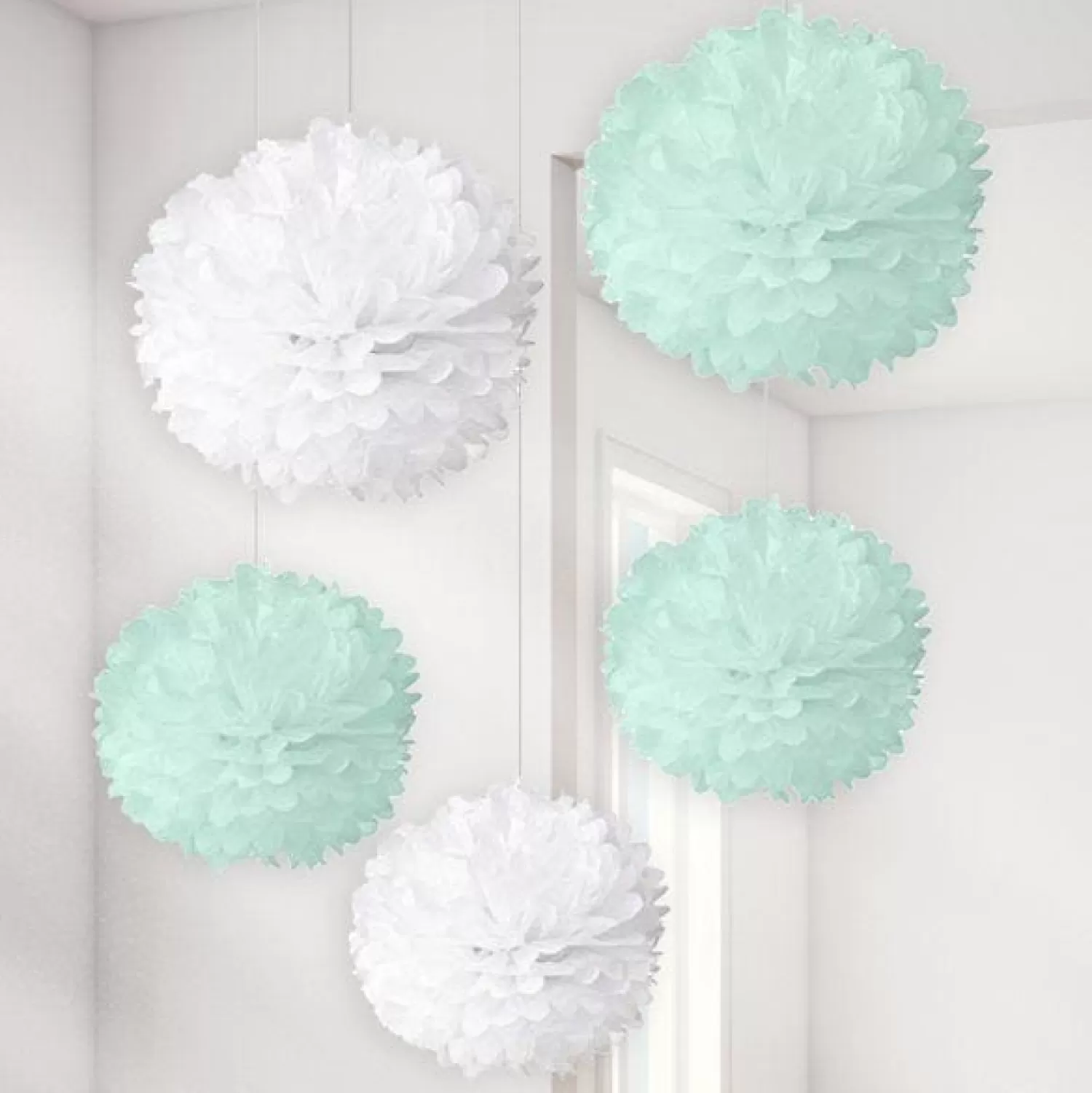 Cheap Party Delights Baby Wishes White & Mint Pom Poms (5Pk)