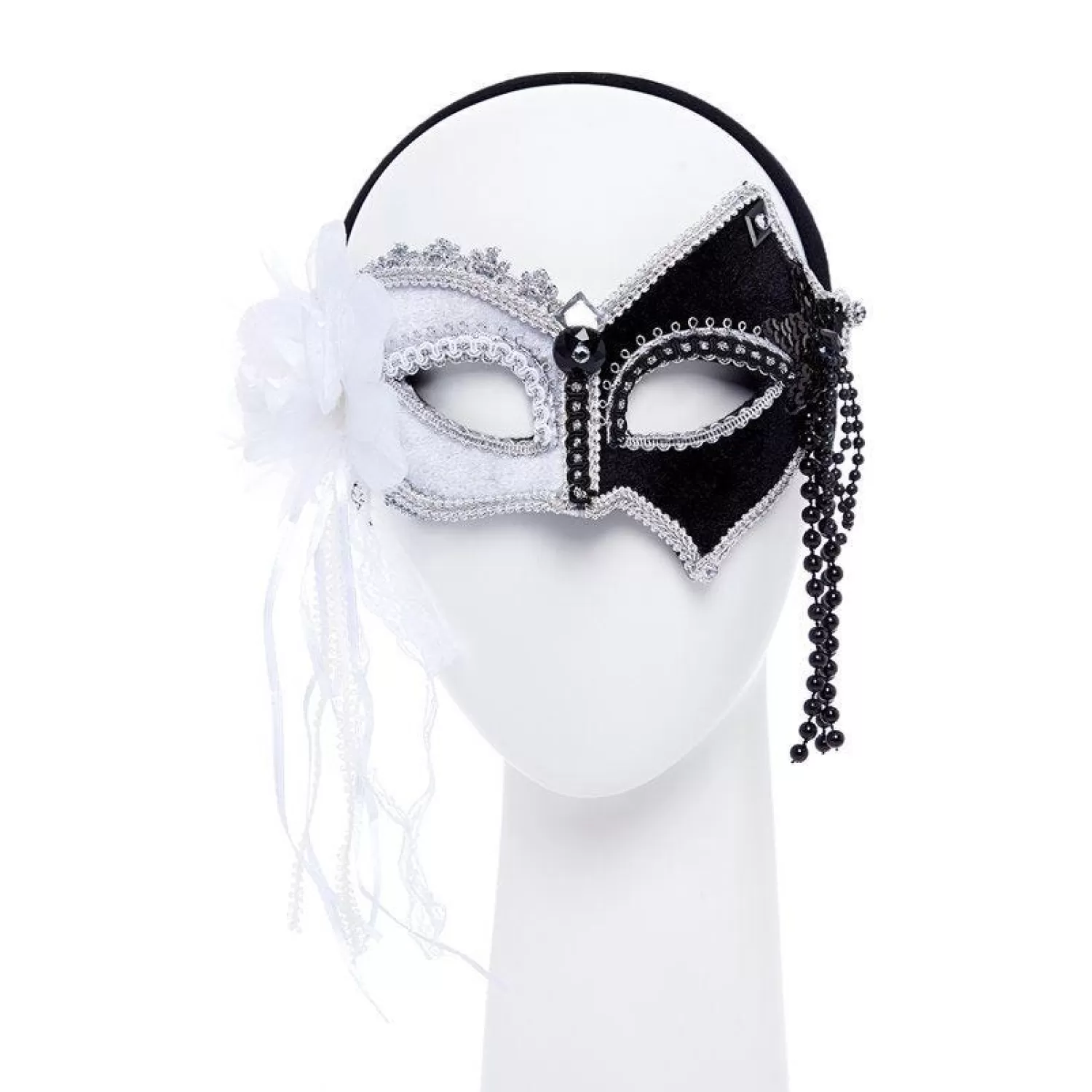 Best Party Delights Black & White Masquerade Mask With Feathers & Beads