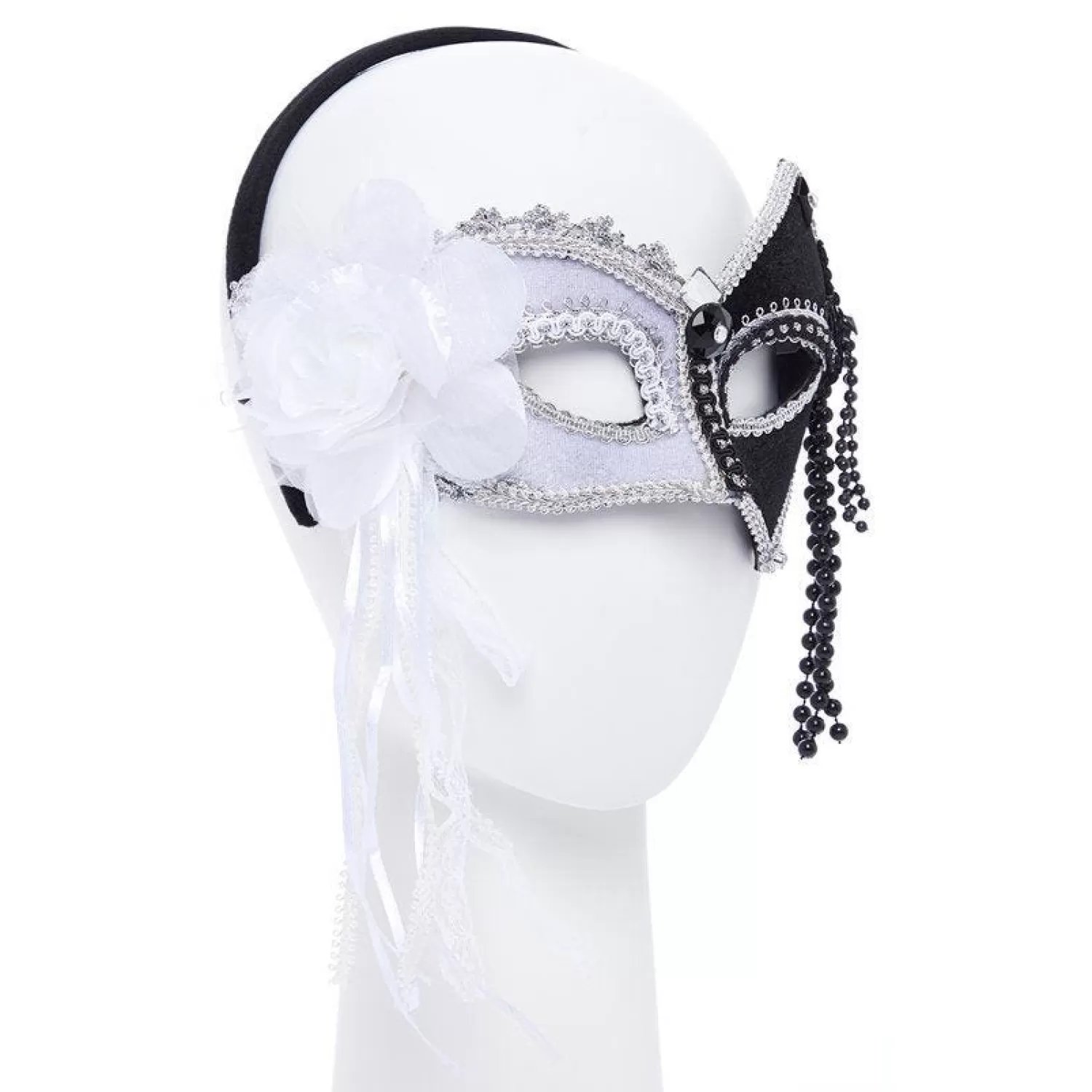 Best Party Delights Black & White Masquerade Mask With Feathers & Beads