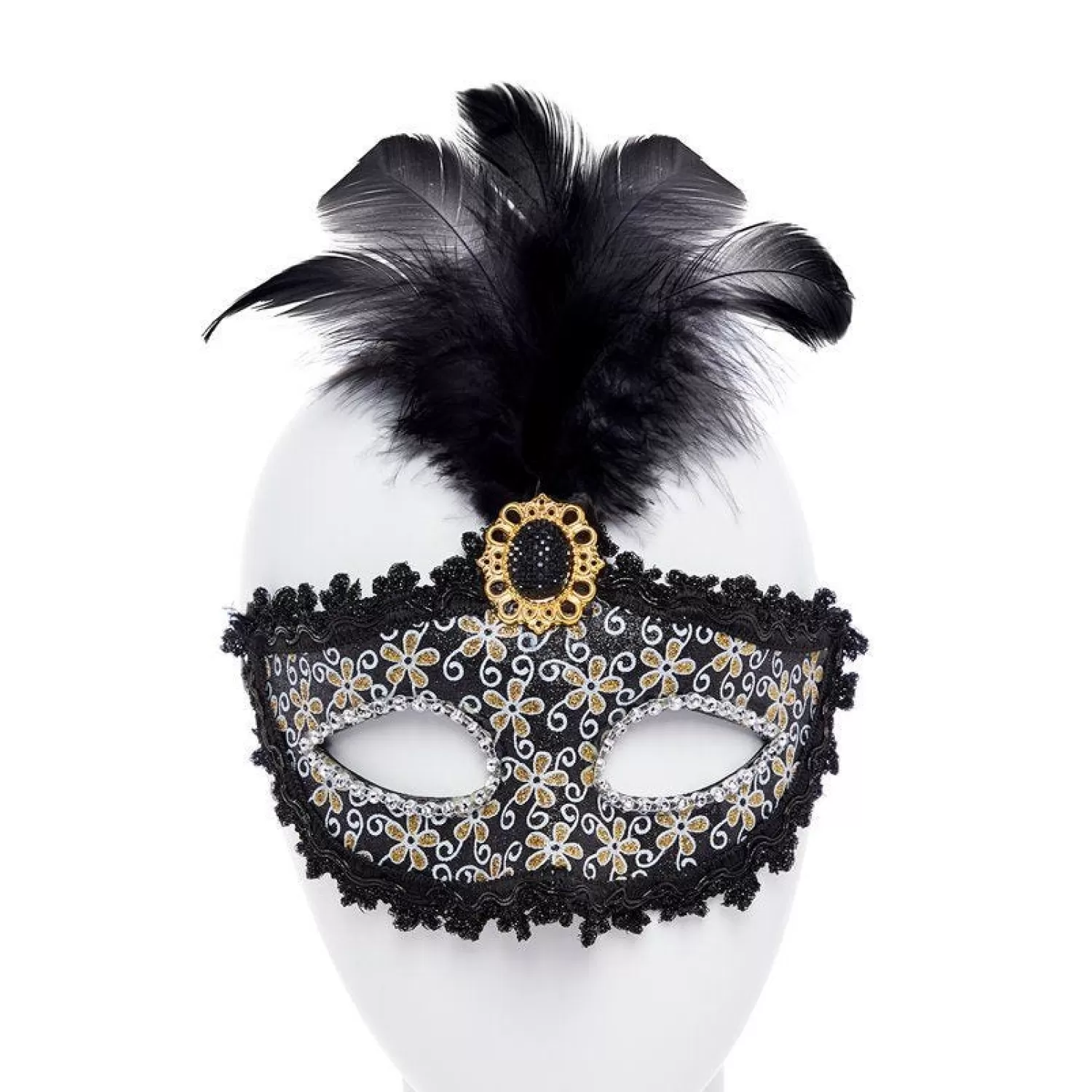 Sale Party Delights Black Glittery Masquerade Mask With Tall Feather & Gem