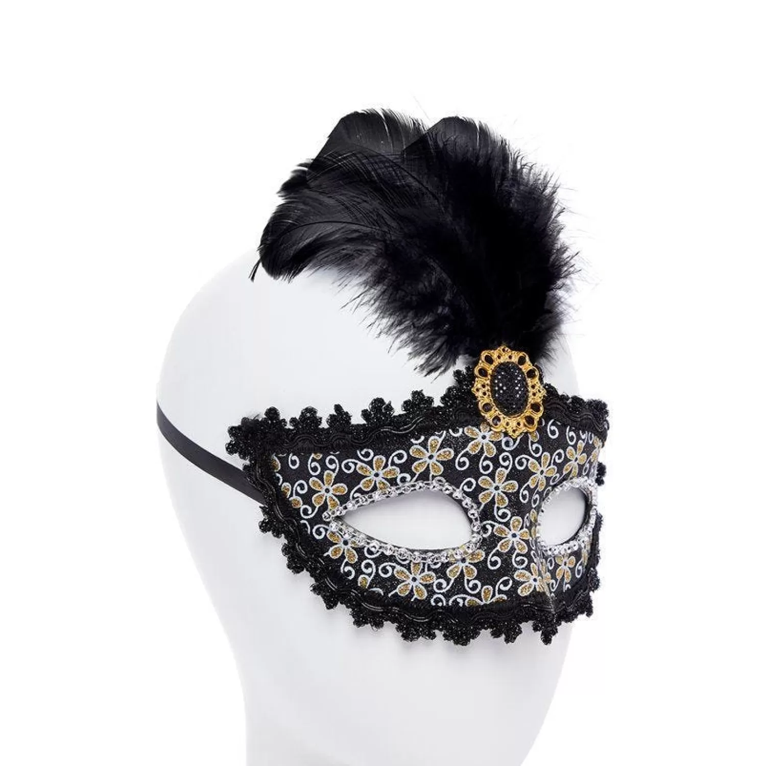 Sale Party Delights Black Glittery Masquerade Mask With Tall Feather & Gem