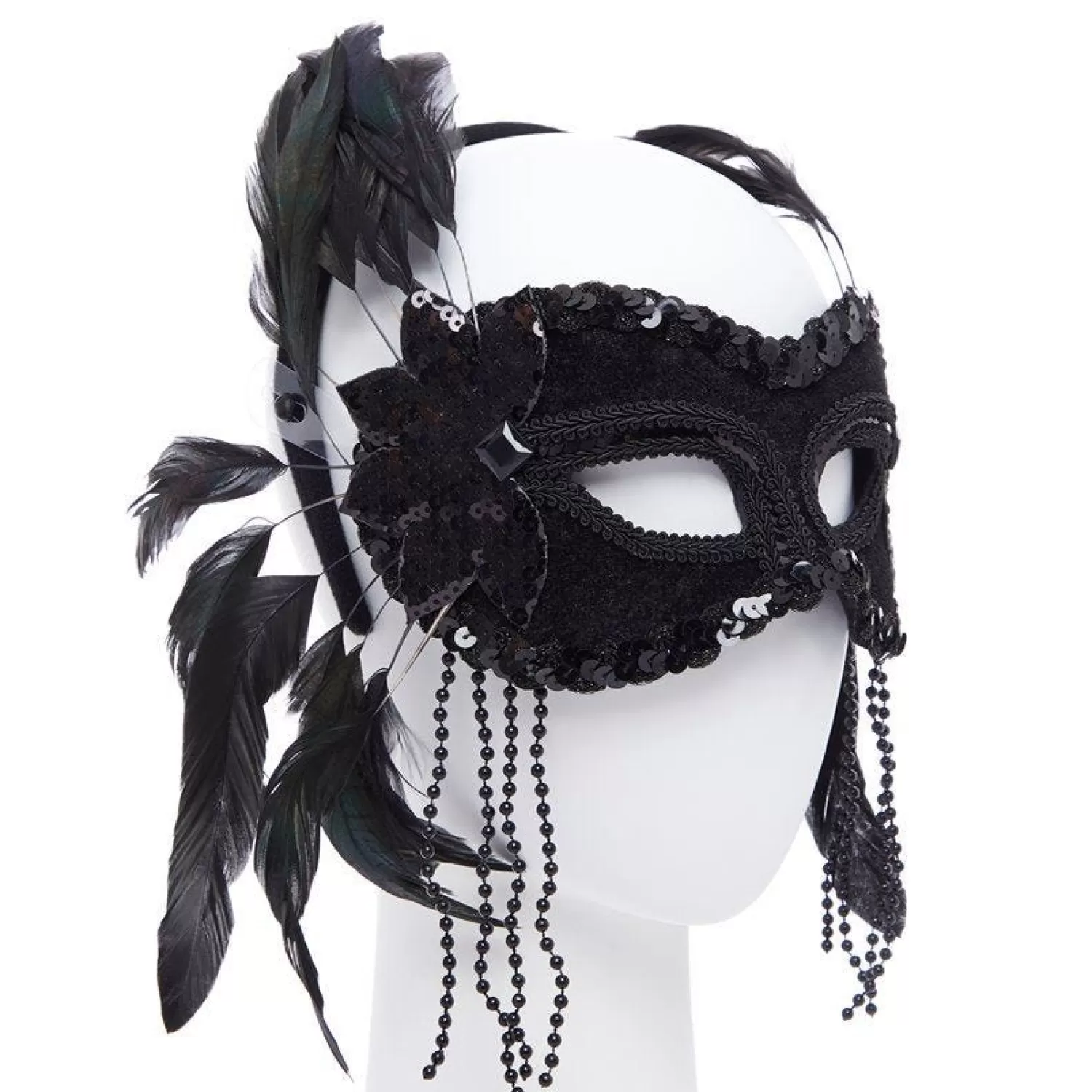 Shop Party Delights Black Masquerade Mask With Feathers & Beads