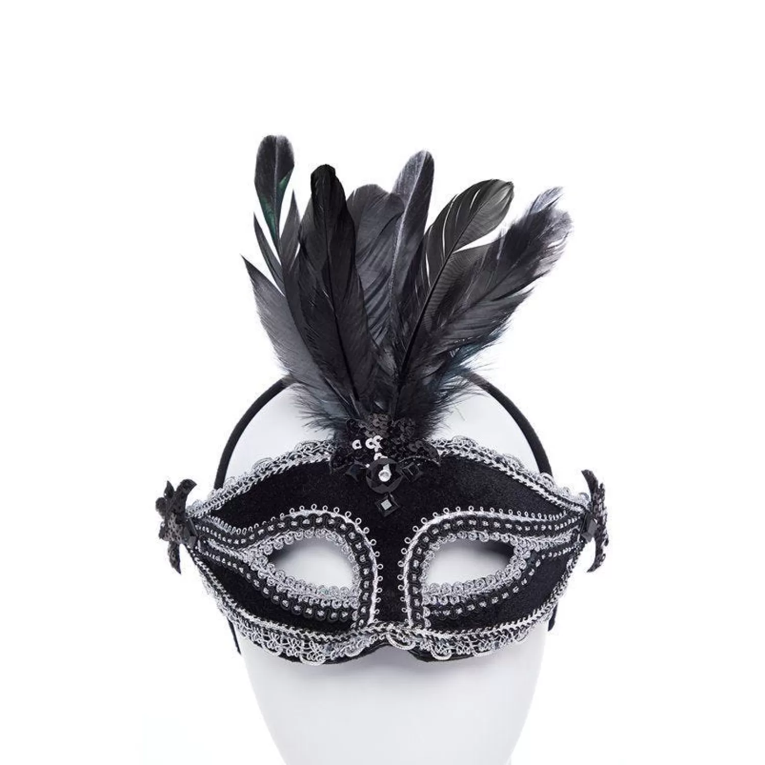 Fashion Party Delights Black Velvet Masquerade Mask With Feathers