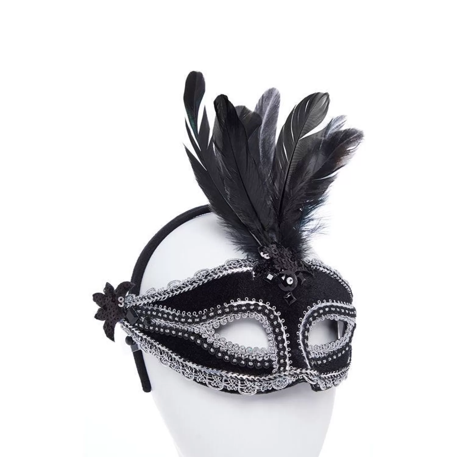 Fashion Party Delights Black Velvet Masquerade Mask With Feathers