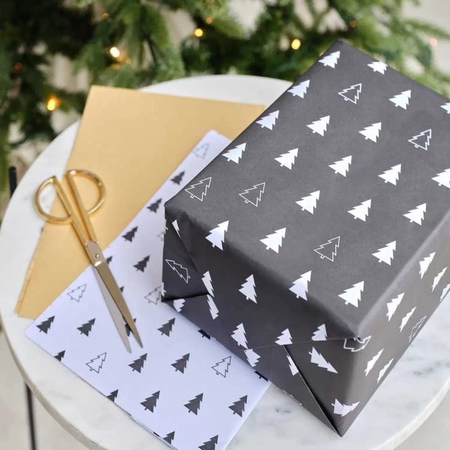 Black, White & Kraft Christmas Tree Print Wrapping Paper (3Pk)<Party Delights Best Sale