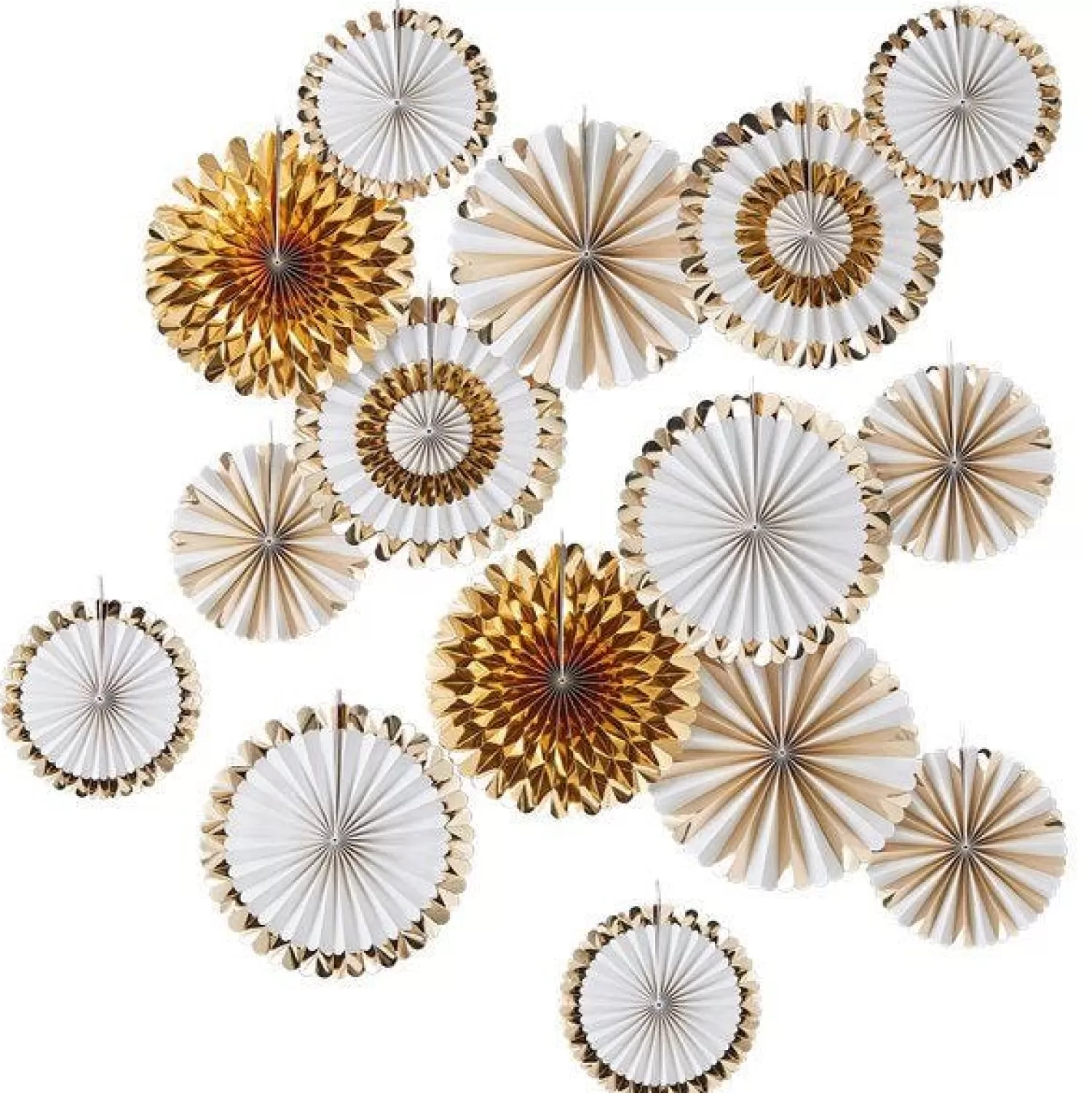 Fashion Party Delights Gold & White Paper Fan Decorations (15Pk)