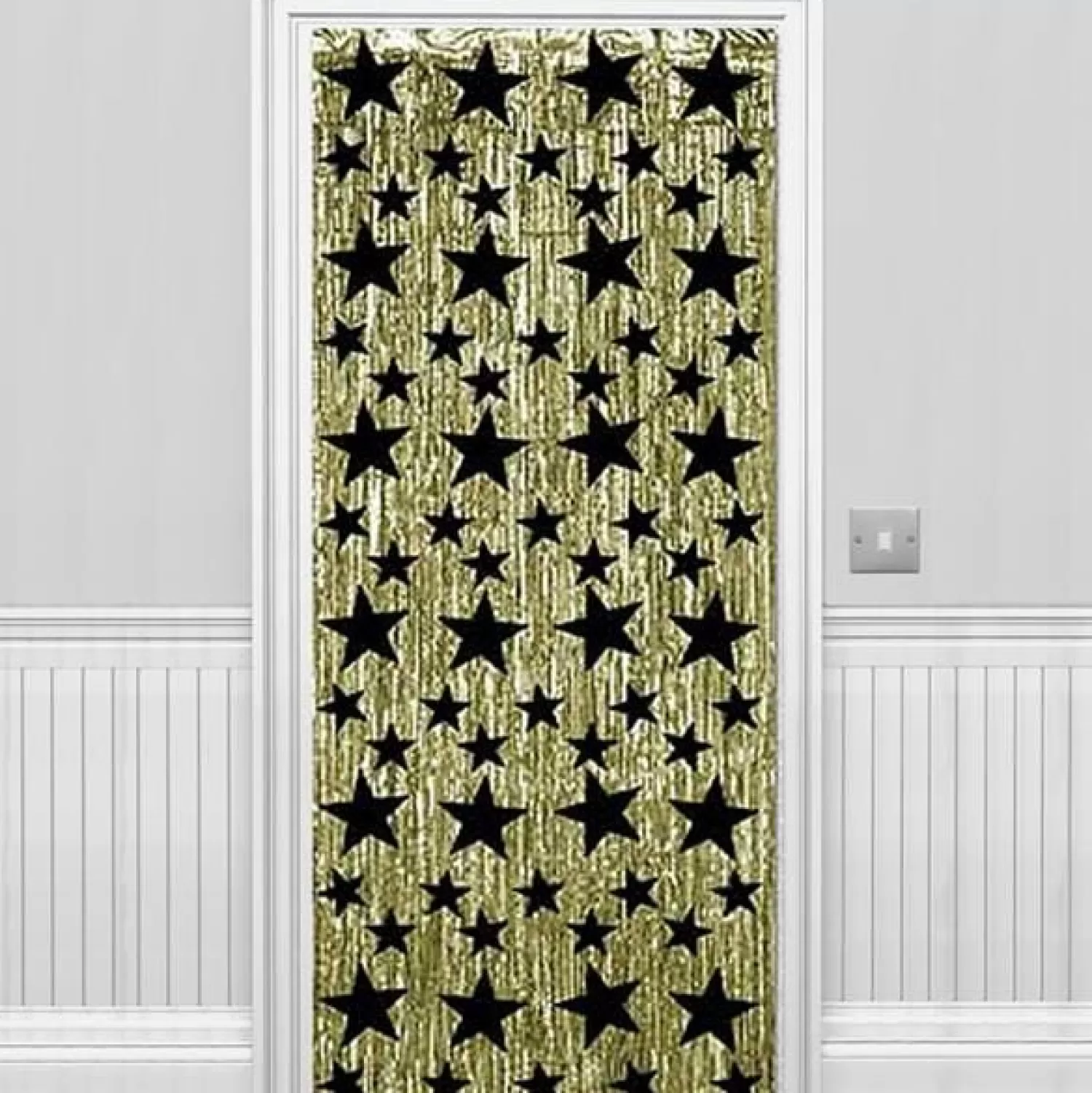 Hot Party Delights Gold With Black Stars Metallic Foil Curtain - 2.4M