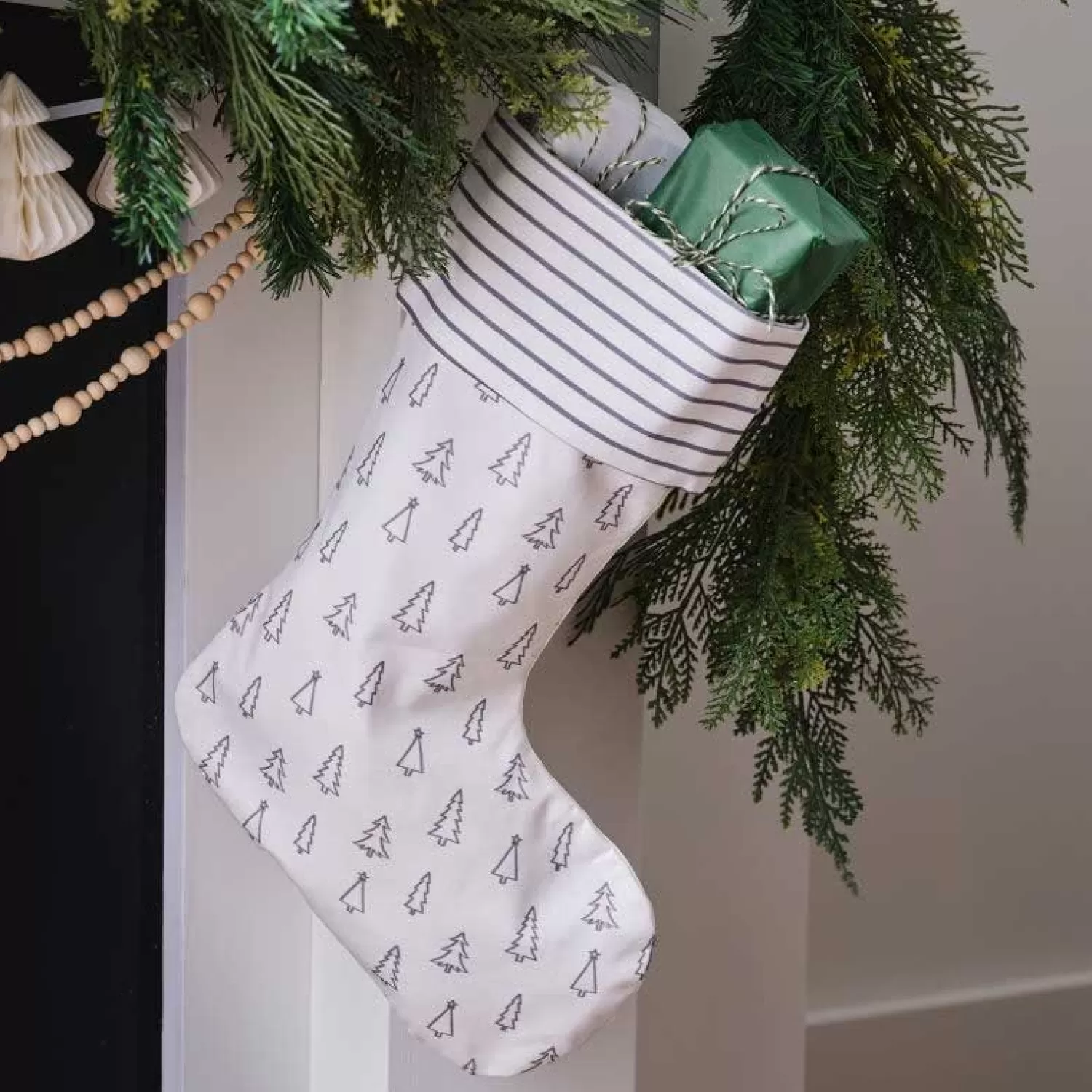 Grey Tree And Stripe Printed Christmas Stocking - 45Cm<Party Delights Sale