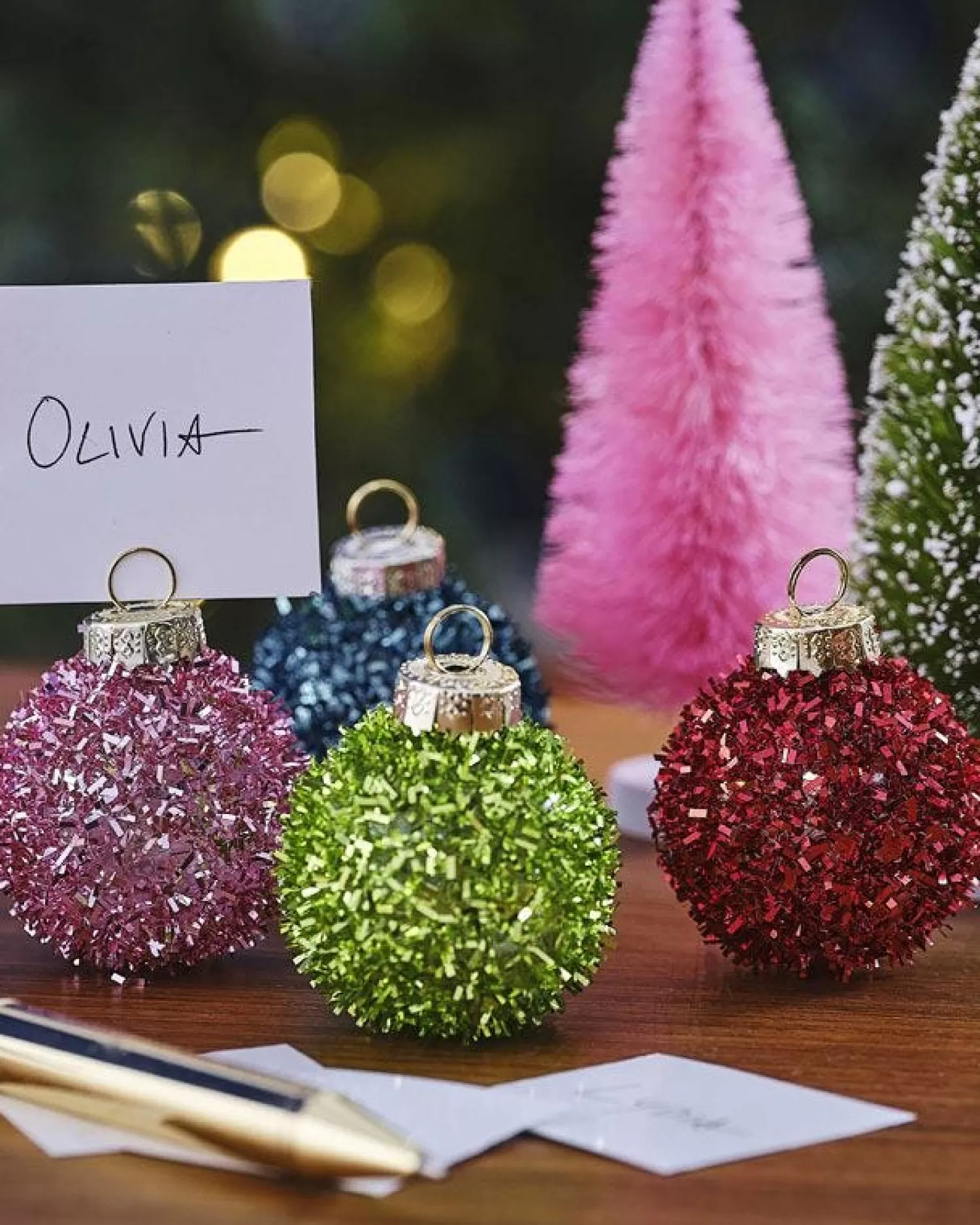 Multicoloured Tinsel Bauble Place Card Holders (4Pk)<Party Delights Sale