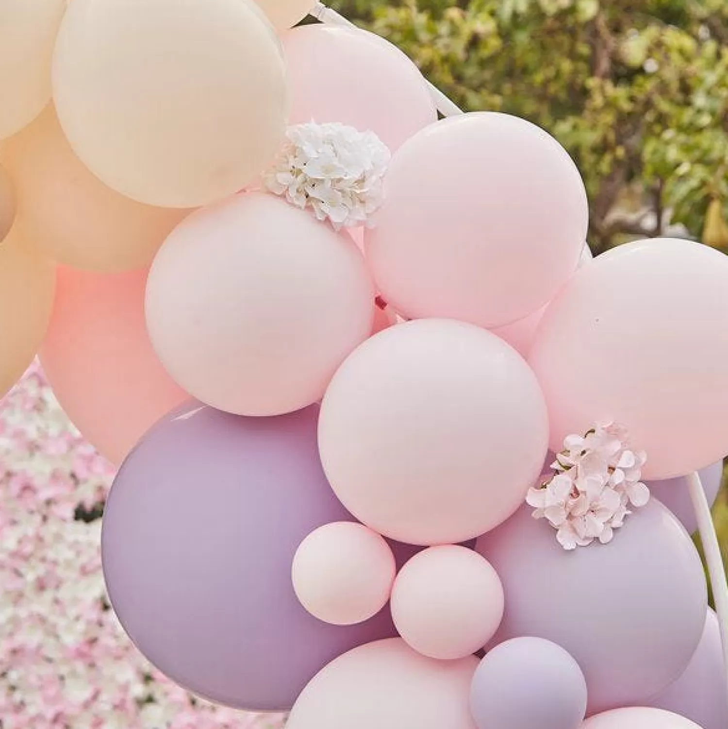 Flash Sale Party Delights Pink & Lilac Mix Balloon Arch With Hydrangea Flowers - 75 Balloons