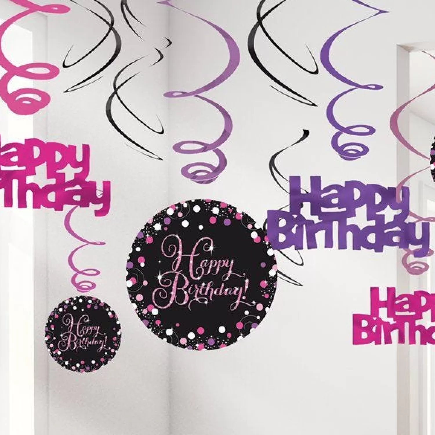 Shop Party Delights Pink Happy Birthday Hanging Swirls - 45Cm (12Pk)