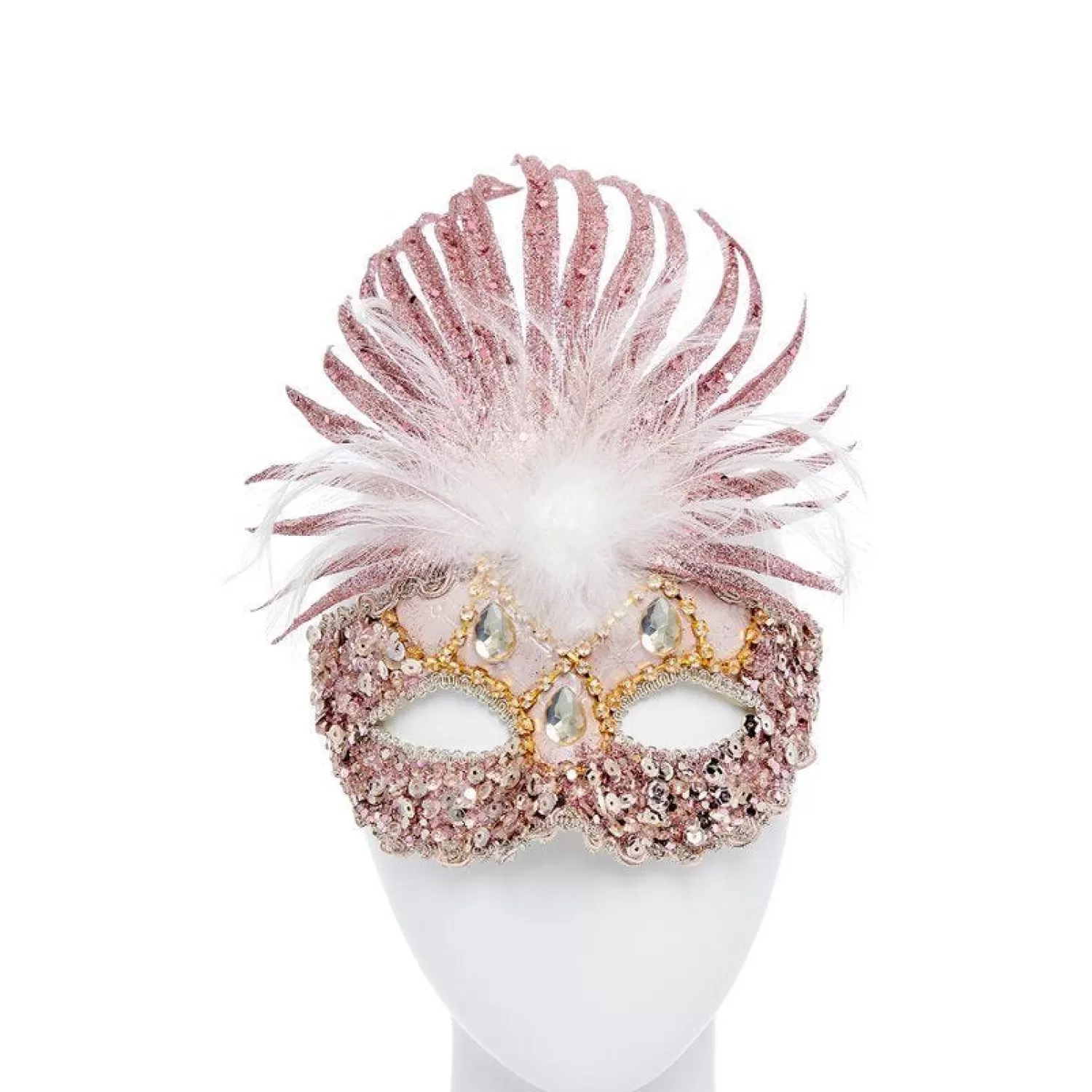 New Party Delights Pink Masquerade Mask With Sequins, Glitter & Feathers