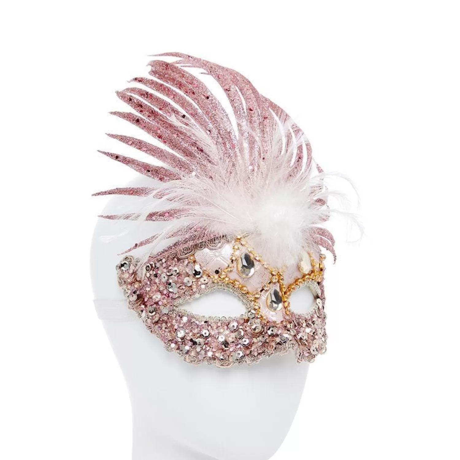 New Party Delights Pink Masquerade Mask With Sequins, Glitter & Feathers