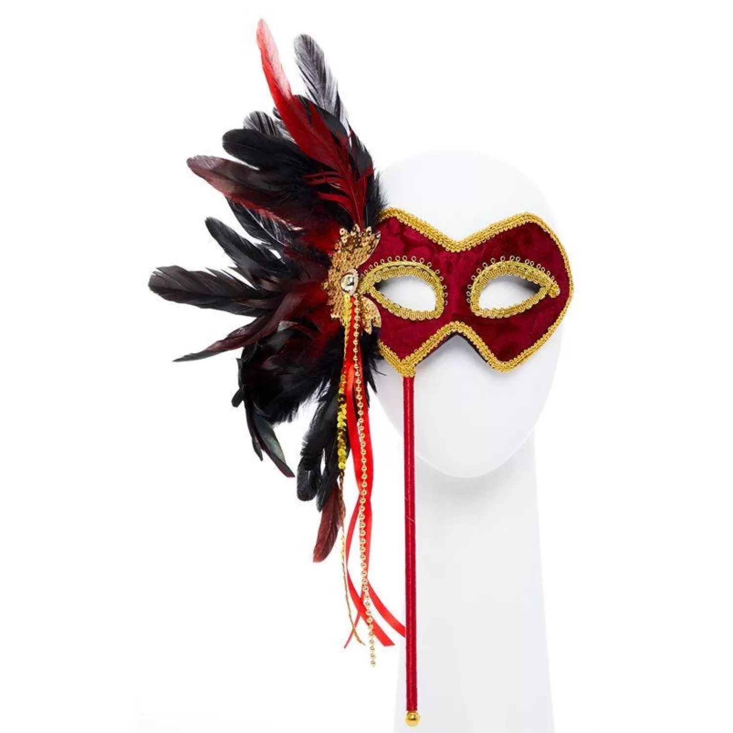 Clearance Party Delights Red & Gold Masquerade Mask On Stick With Feathers