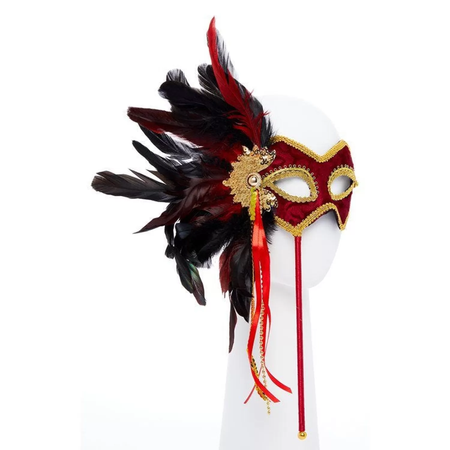 Clearance Party Delights Red & Gold Masquerade Mask On Stick With Feathers