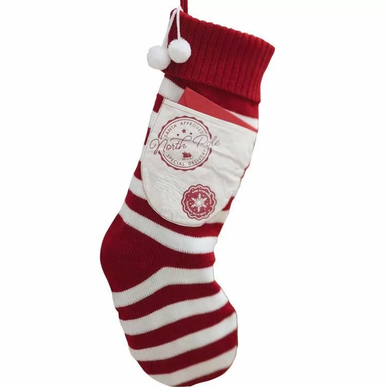 Red & White Knitted Stocking With Pocket - 50Cm<Party Delights Flash Sale