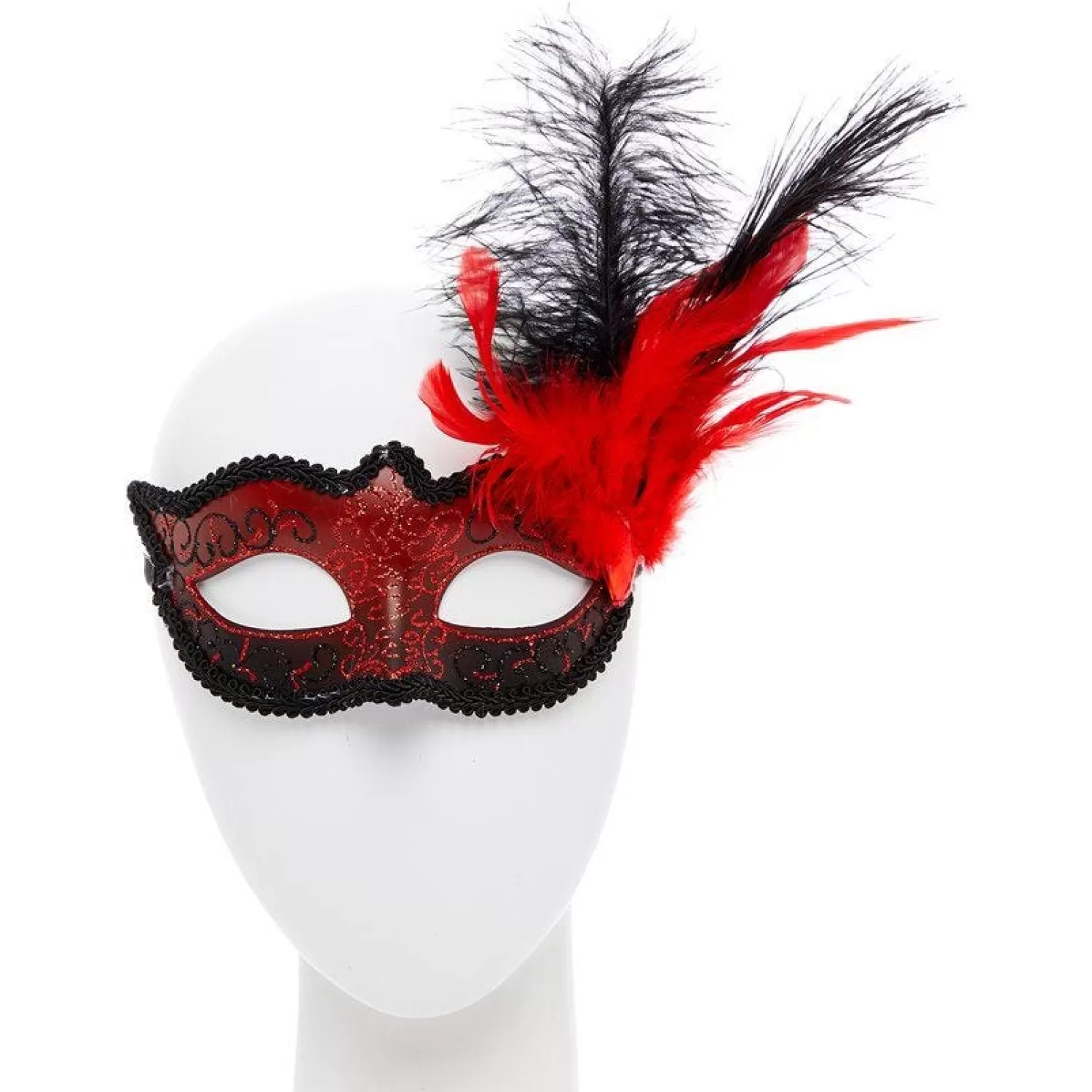 New Party Delights Red Masquerade Mask With Glitter & Feathers