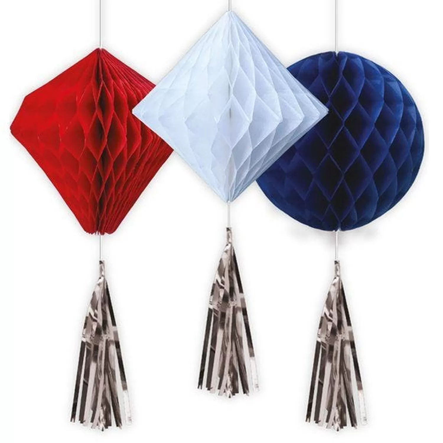 Shop Party Delights Red, White & Blue Honeycombs With Tassels - 45Cm (3Pk)