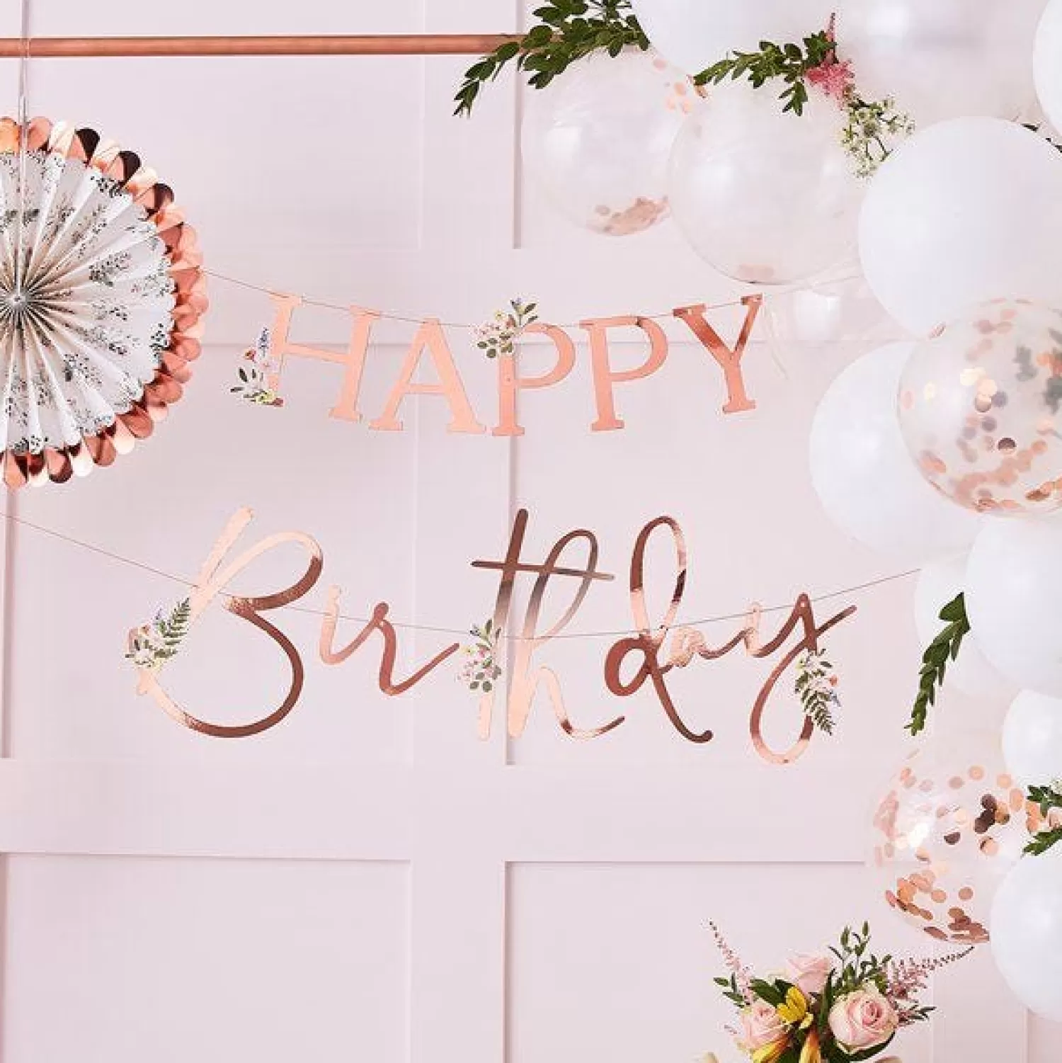 Store Party Delights Rose Gold Floral 'Happy Birthday' Paper Banner - 2M