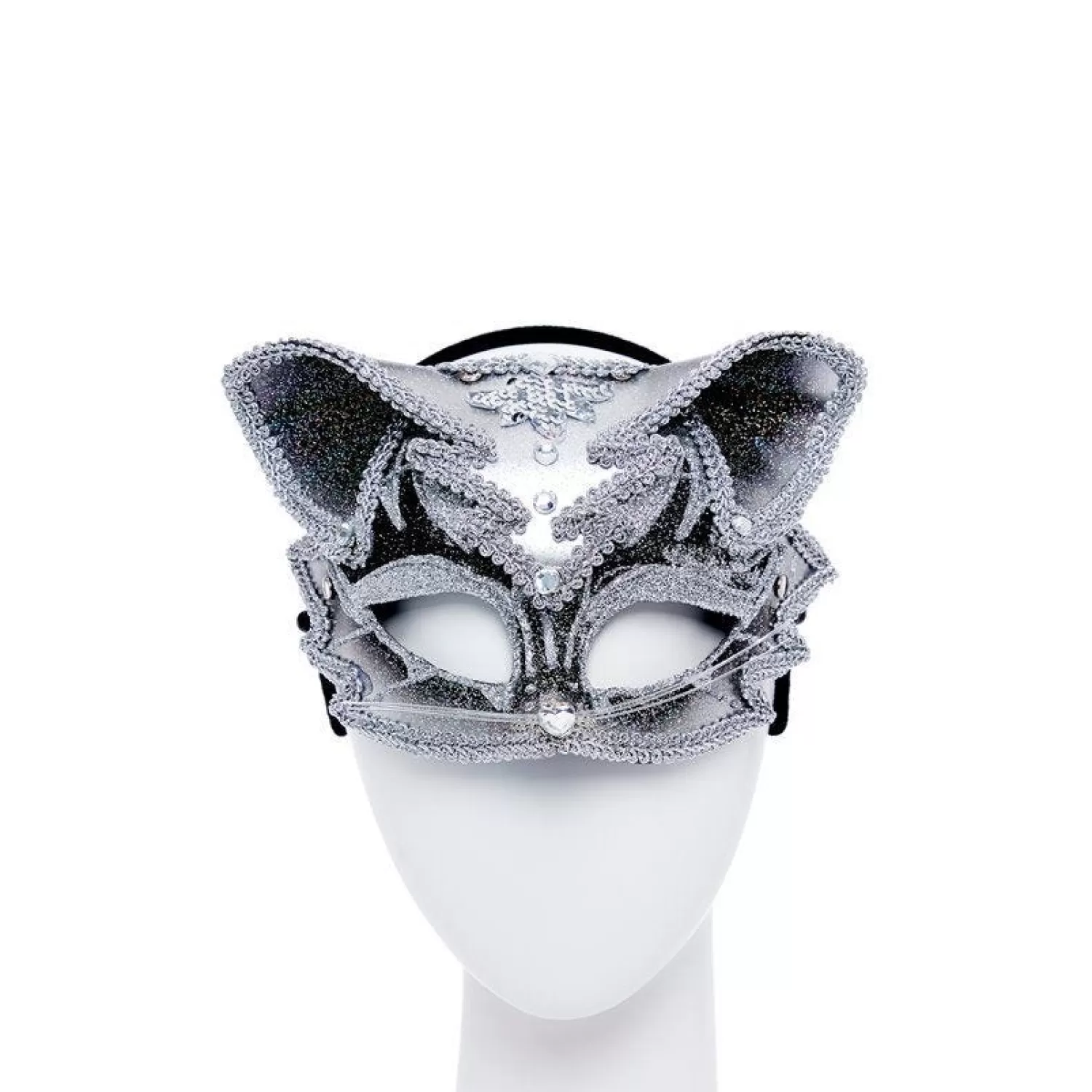 Discount Party Delights Silver & Black Jewelled Cat Masquerade Mask