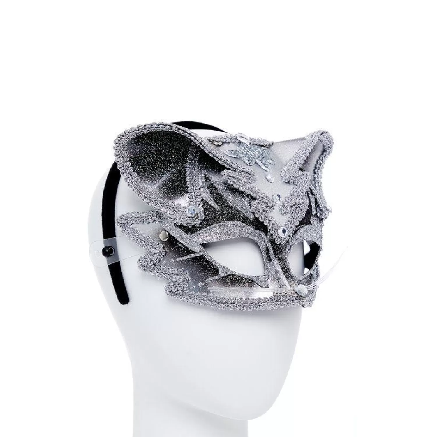 Discount Party Delights Silver & Black Jewelled Cat Masquerade Mask