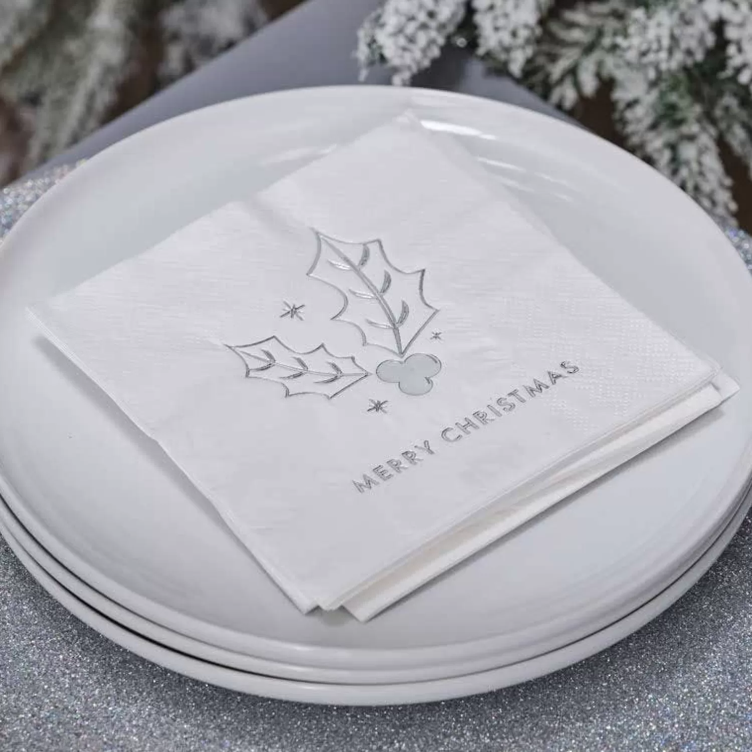 Silver Holly Merry Christmas Paper Napkins - 25Cm (16Pk)<Party Delights Best