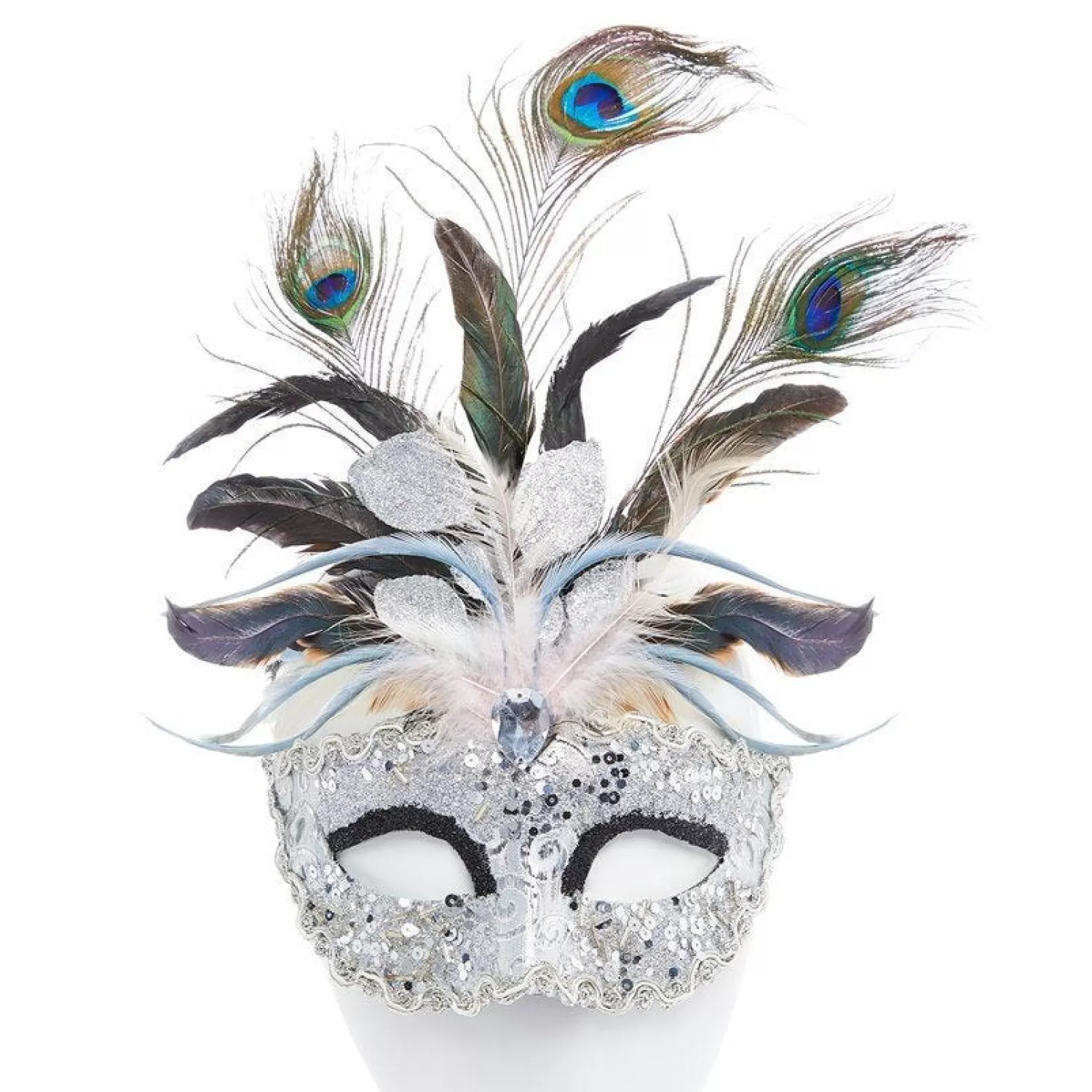 Hot Party Delights Silver Masquerade Mask With Glitter & Peacock Feathers