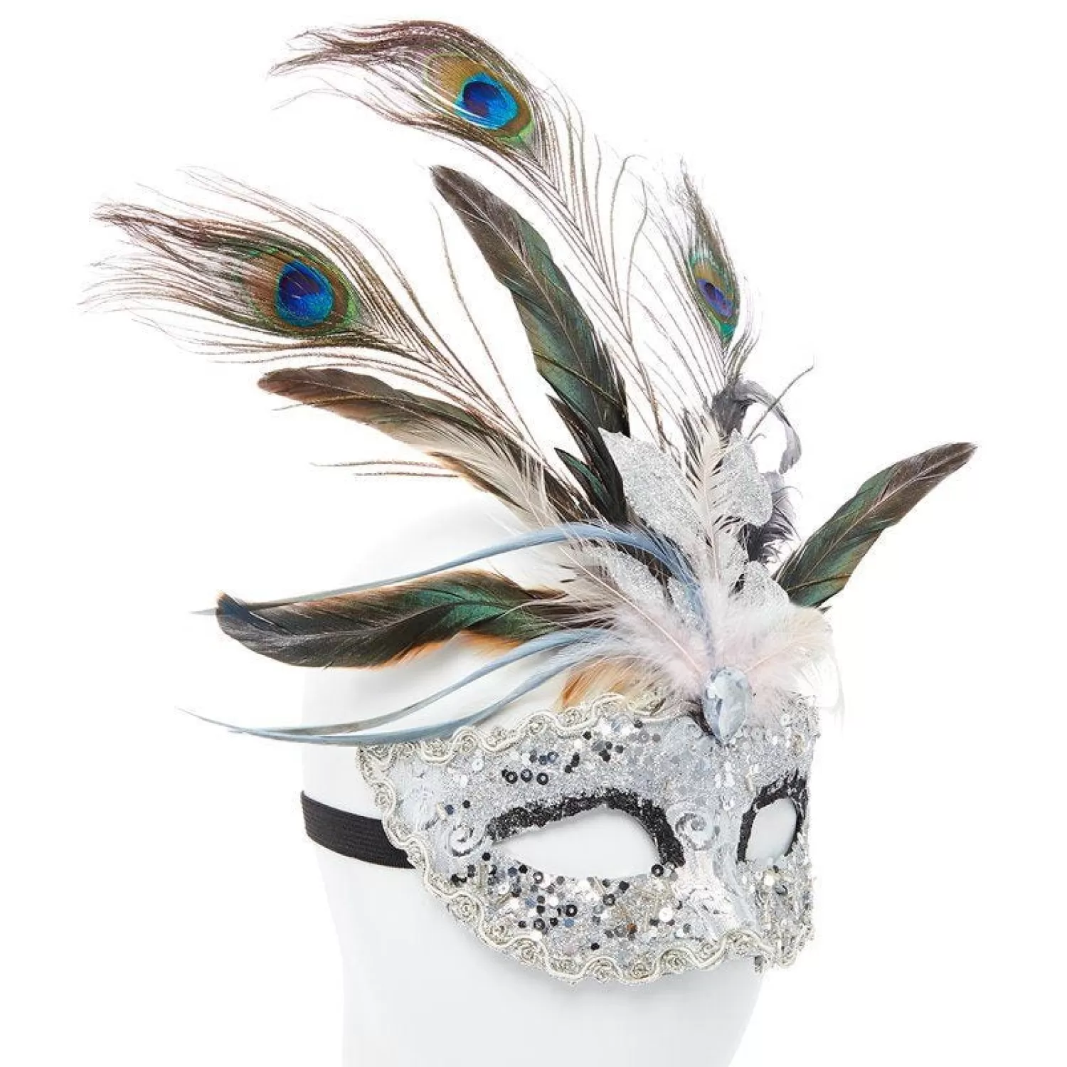 Hot Party Delights Silver Masquerade Mask With Glitter & Peacock Feathers