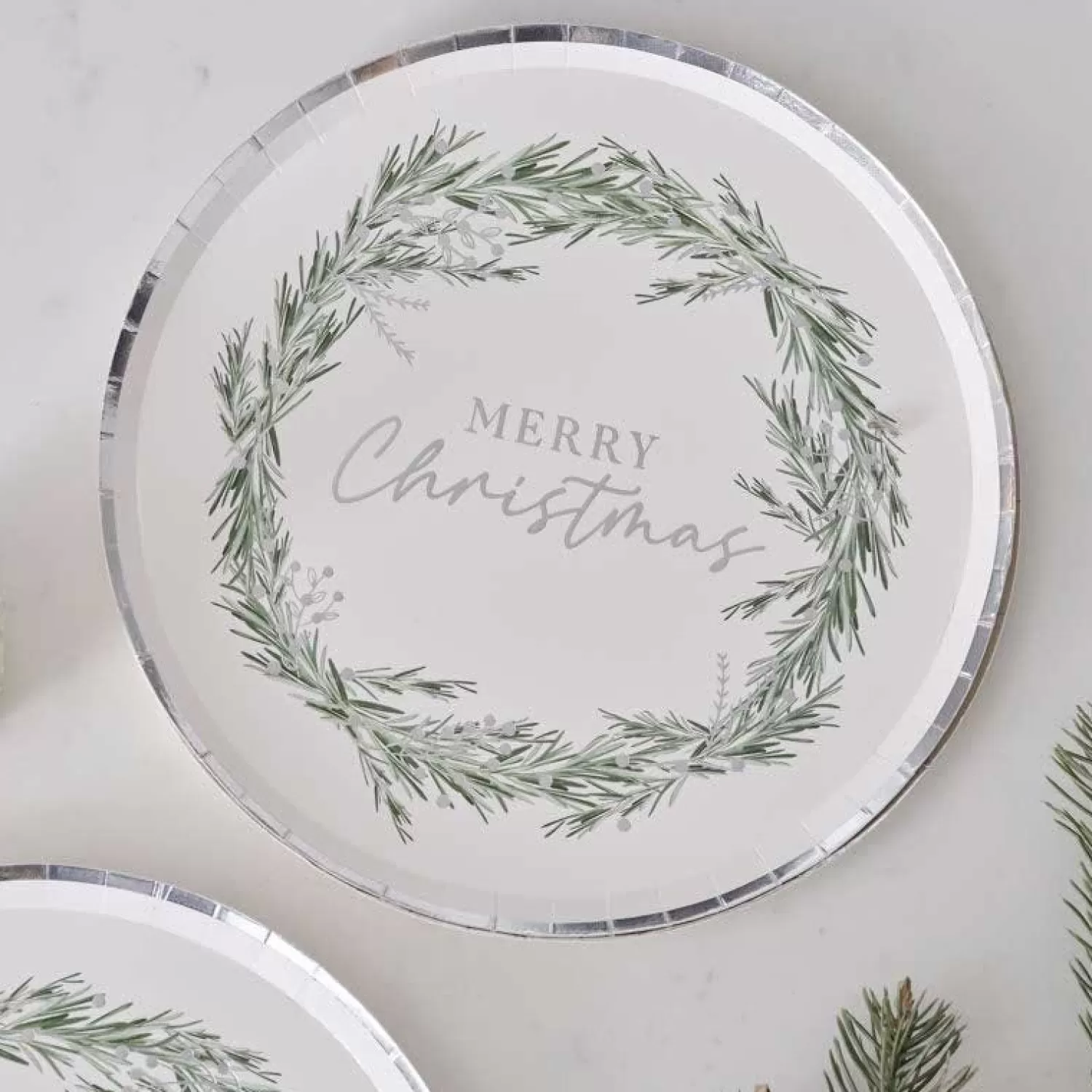 Silver Wreath Merry Christmas Paper Plates - 25Cm (8Pk)<Party Delights Clearance