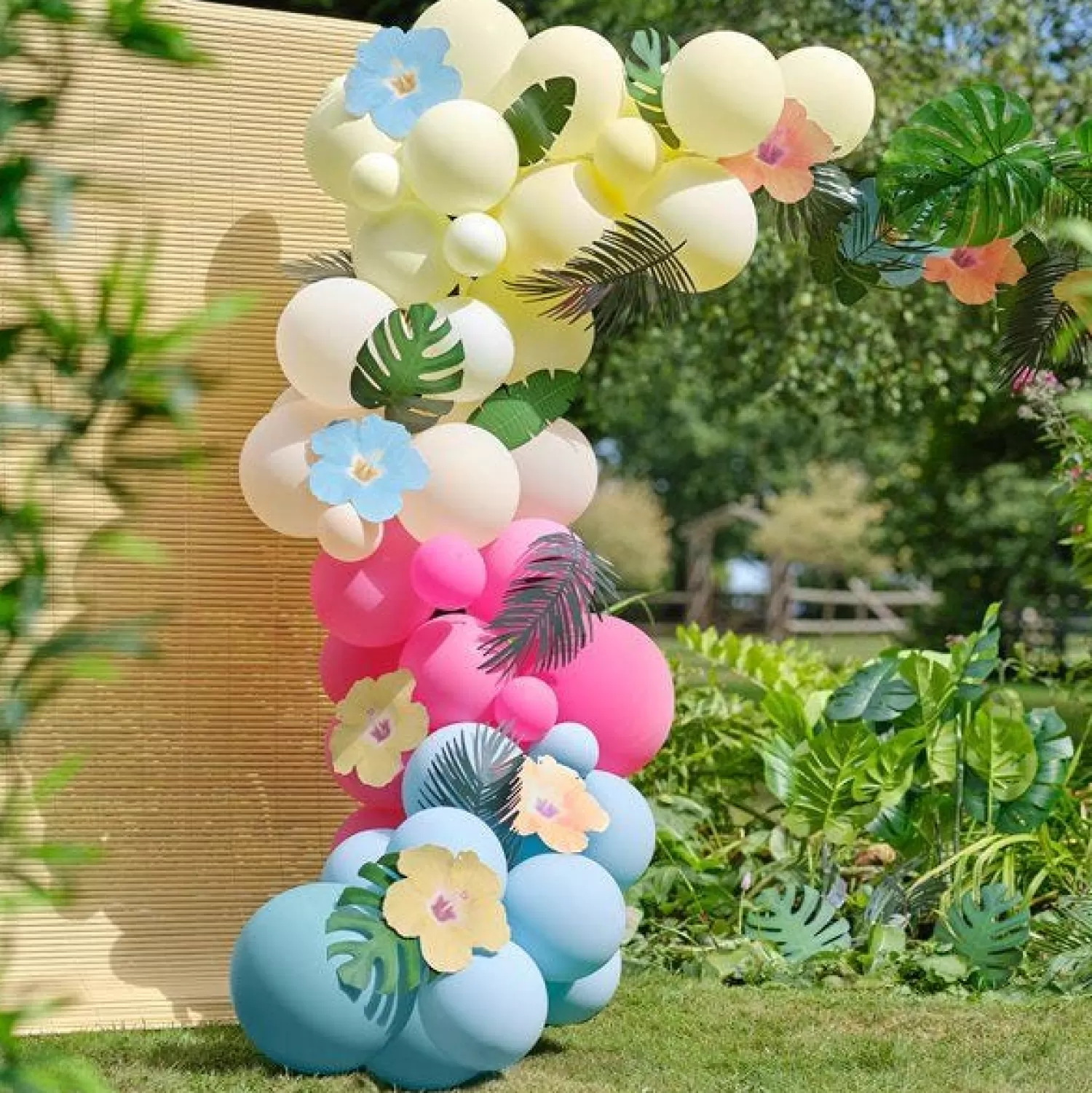 Cheap Party Delights Tiki Tropics Balloon Arch With Faux Foliage - 70 Balloons