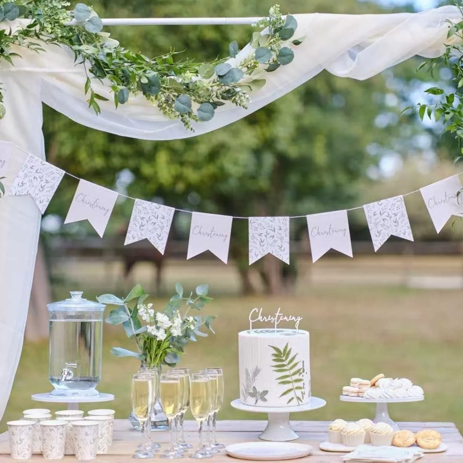 Clearance Party Delights White & Green Botanical Christening Paper Bunting - 2M