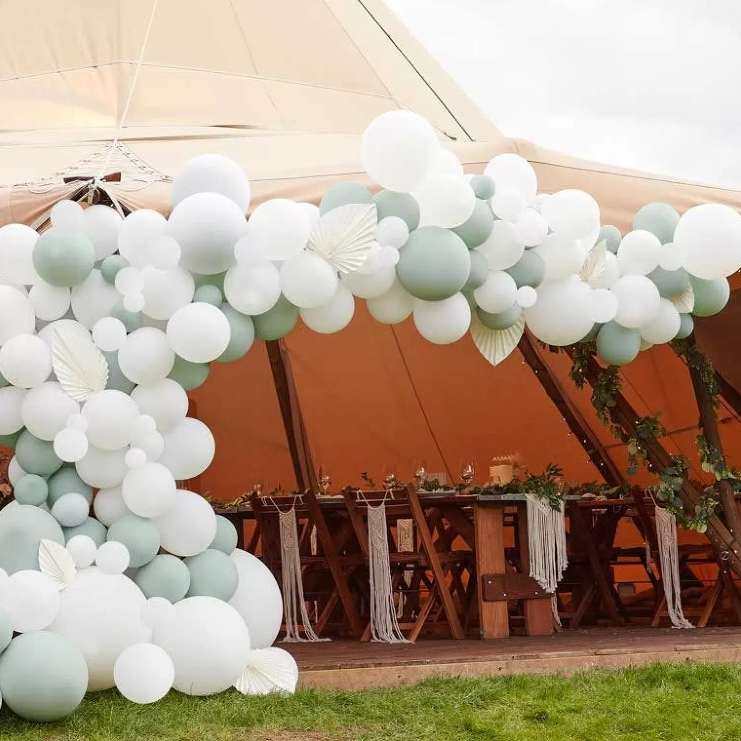 Discount Party Delights White & Sage Balloon Arch With White Fans - 200 Balloons