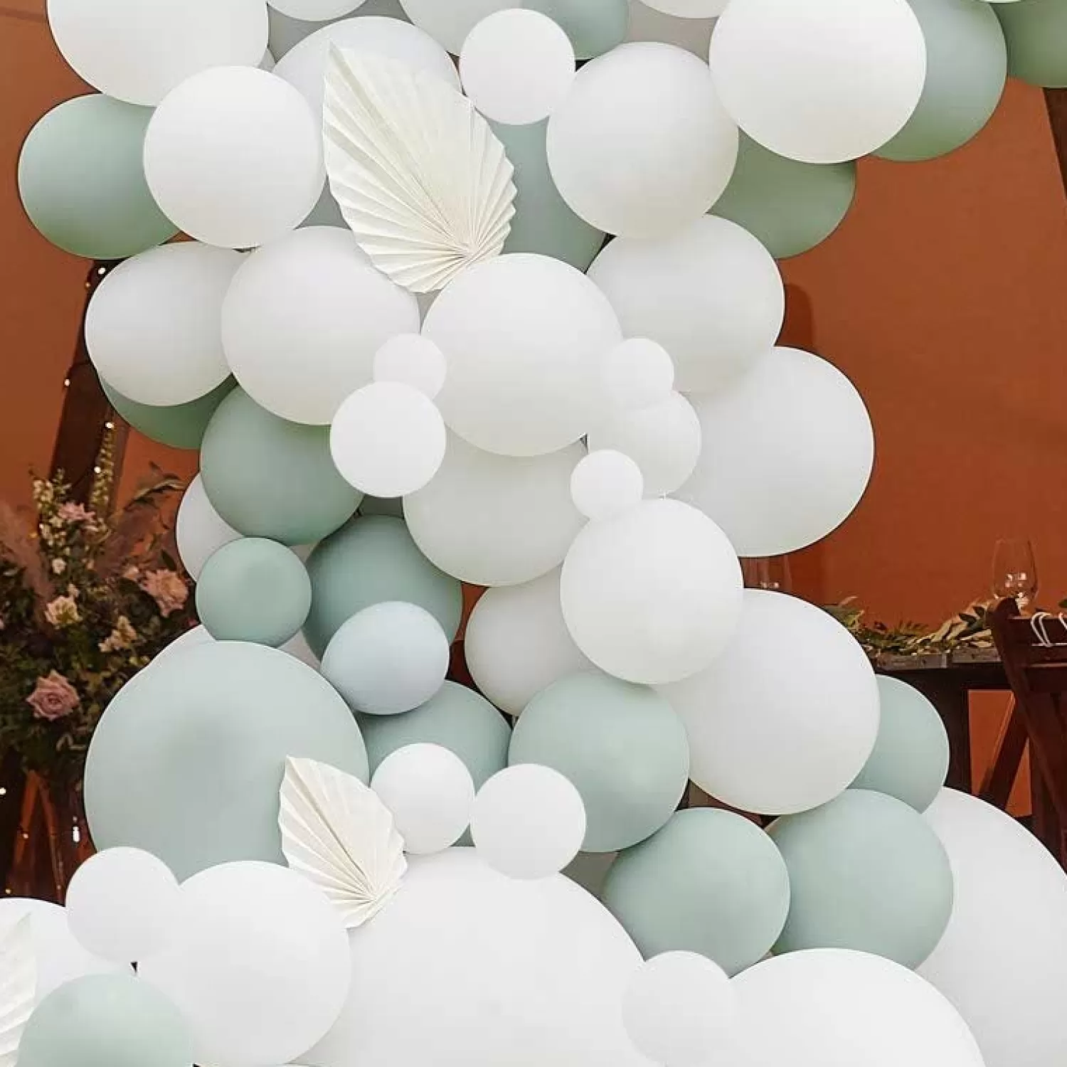 Discount Party Delights White & Sage Balloon Arch With White Fans - 200 Balloons