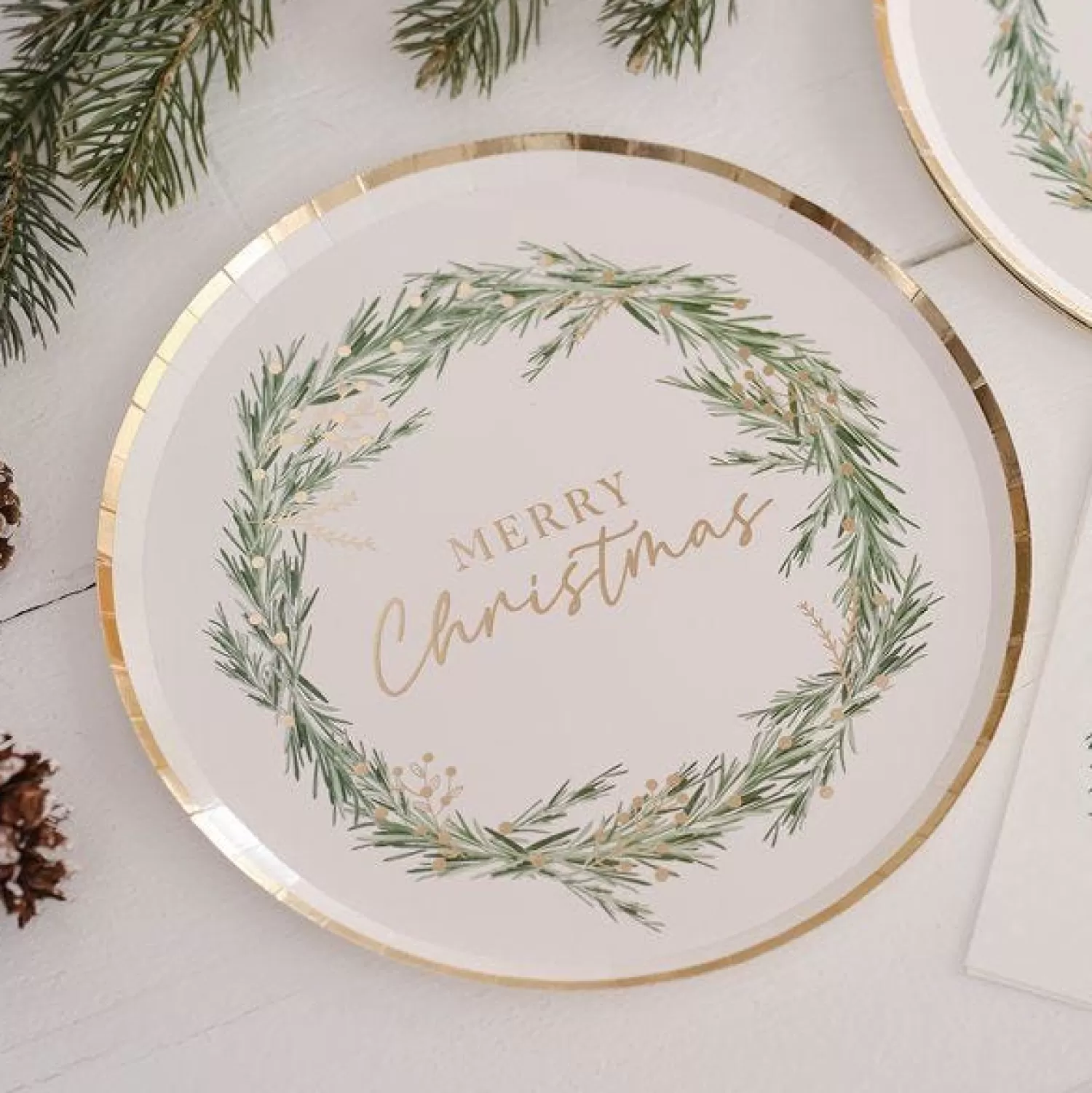 White Merry Christmas Wreath Paper Plates - 24Cm (8Pk)<Party Delights Online