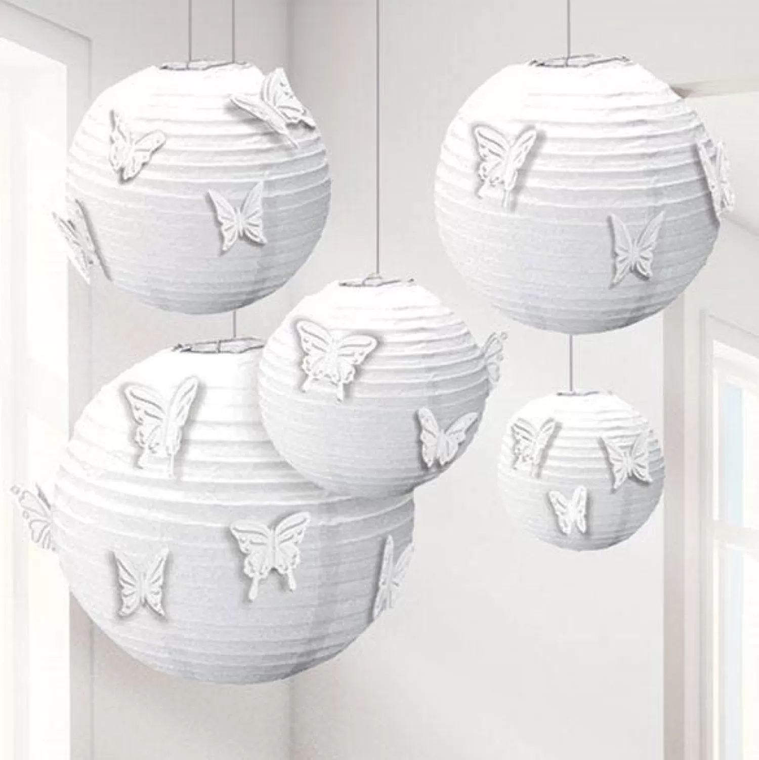 Online Party Delights White Paper Lanterns With Butterfly Attachments (5Pk)